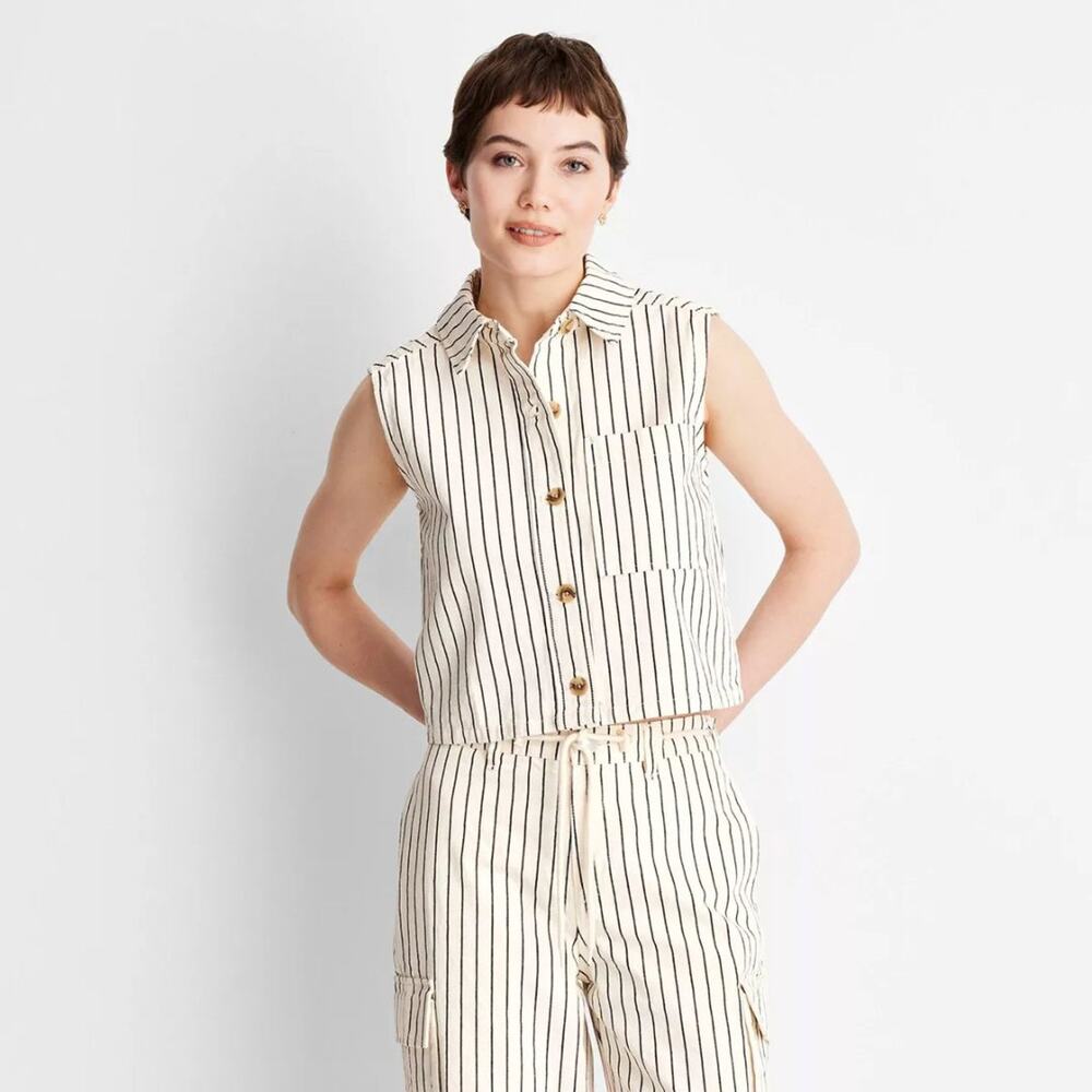 Future Collective Women's Button‎ Down Shirt Cream Striped Size XL